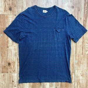 Faherty Mens Indigo Dyed Cotton Striped Pocket Crew Neck Short Sleeve T-Shirt